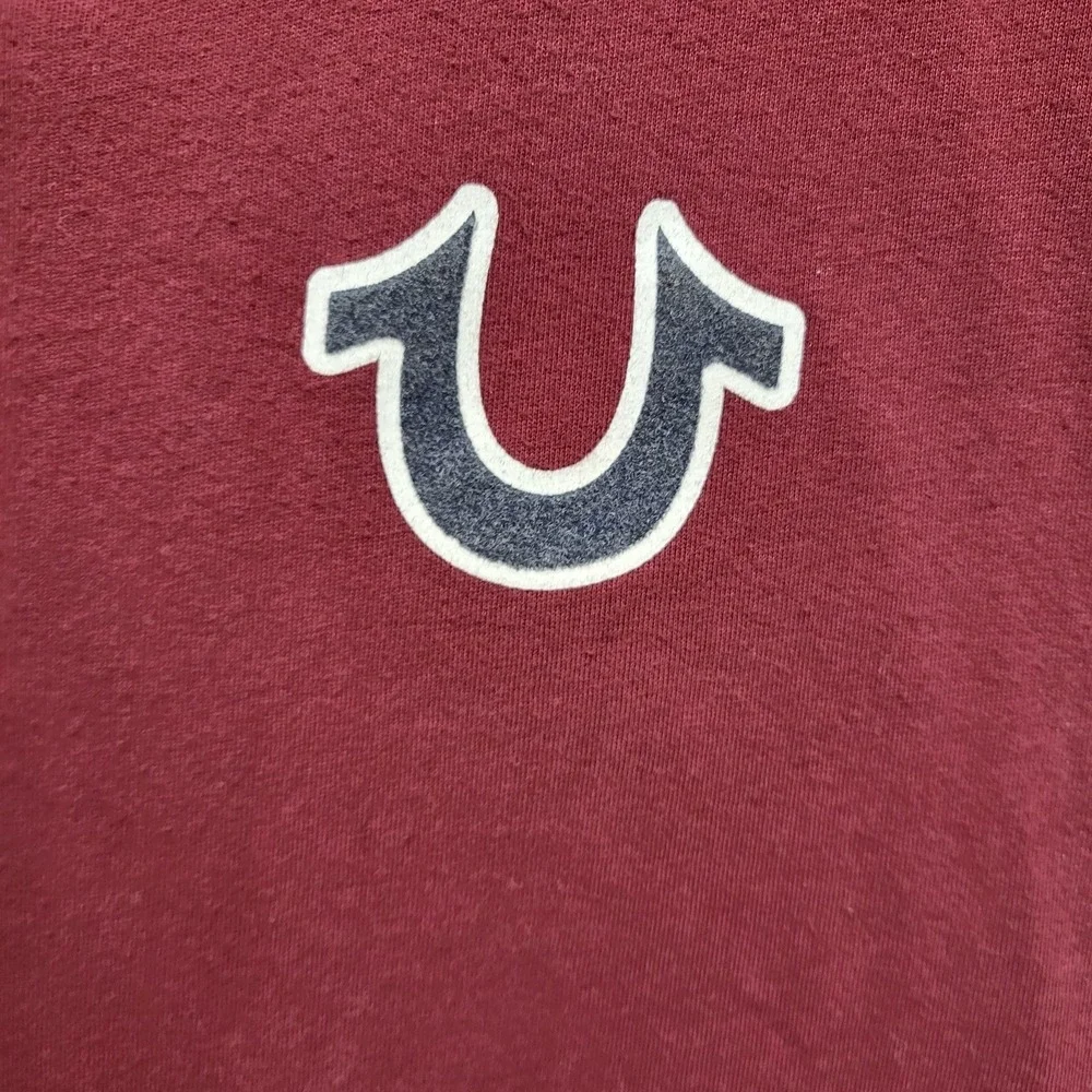 True Religion Men Shirt XL Burgundy Buddha Guitar Logo Graphic Print Short